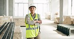 Construction, senior engineer and portrait of woman at indoor maintenance and building site. Elderly leader, architect and industrial contractor at architecture project to plan, monitor and lead.