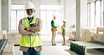 Senior black man, architect and business construction with crossed arms for building industry on site. Portrait of a confident elderly African male engineer, builder or architecture at the workshop