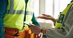 Engineer, digital tablet and construction worker team collaboration and support at a site, check online plan and strategy. Vision, design and planning workers talk project plan for innovation on tech