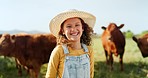 Happy little girl, portrait smile and farm with animals enjoying travel and nature in the countryside. Child smiling in happiness for agriculture, life and sustainability in farming and cattle