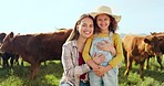 Farming, child and mother with kiss on a farm during holiday in Spain for sustainability with cattle. Portrait of happy, smile and travel mom and girl with love while on vacation on land with cows