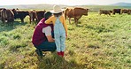 Countryside farm, farmer man and child bonding in nature, talking and relax conversation about livestock sustainability. Love, family and enjoy learning agriculture cattle farming lifestyle together
