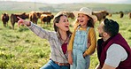 Farm, family and cattle with a girl, mother and father in a field for agriculture, looking at the view and laughing. Sustainability, love and fun with a man, woman and daughter farming cows on grass