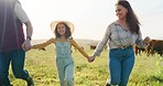 Farm, happy and running girl, mom and dad in a countryside field with cows. Happiness of mama, father and child in agriculture, sustainability and green grass feeling free holding hands outdoor