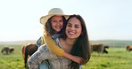 Mother, child on farm, hug and bonding in the countryside, together farming, mom piggy back kid with fun outdoor in nature. Happy, woman and girl, agriculture and field, sustainability and cattle.
