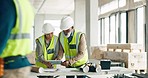 Engineer, architect and business people on tablet for construction, strategy or project plan at work. Team of contractors working together on architecture planning or discussion on touchscreen