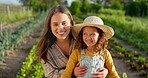 Agriculture, farming and farmer, woman and girl happy, fresh vegetable and organic growth. Mother and daughter in portrait, green sustainability and environment, nature and nutrition with harvest. 