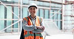 Building, architecture construction worker woman on site civil engineering development, industrial project and job motivation portrait. Happy, proud engineer or contractor manager with ppe compliance
