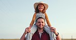 Family, nature and girl with happy farmer bonding on a farm in summer. Portrait of loving parent and blue sky with a little child, enjoy fresh outdoors together and having fun in a agriculture field