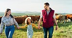 Family, farming and countryside farmer with girl child pointing, showing care, and learning about cows, cattle or animals. Happy man and woman parents bonding with kid on meat, beef or livestock farm