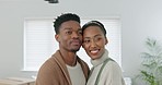 Love, new home and happy black couple in apartment, excited about future together. Real estate, home improvement and young black man and woman embrace, hug and standing in living room after moving in