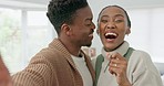 Black couple, video call and show keys for new home, property and happy with kiss, together or celebrate. Man, woman or homeowner vloggers use smartphone, show house or real estate excited or success