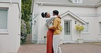 Black couple, happy and  house finance with mortgage loan celebration hug outdoor for new home start. Excited, dancing and pride real estate investment of woman and man moving to realtor property
