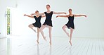 Dancing, training and group of ballerina in studio doing performance routine. Exercise, practice and diversity in ballet class, young women doing choreography dance together with grace and elegance
