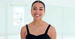 Ballet, dancer and happy at dance training, Woman with smile at school for dancing and learning creative art performance in room. Portrait of face of a ballerina student and girl in class at studio