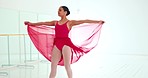 Dance, ballet and art with woman in studio training for theater, energy performance and competition. Creative, freedom and music with girl jump and dancing in red dress for fitness, balance and dream