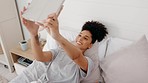 Black woman, tablet and video call in bedroom, smile and peace sign being happy, confident and live on social media app. Top view, young female or girl with digital device, chatting online and in bed