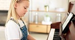 Development, young girl and piano for learning, practice and keys for instrument being focus, concentrate and educate. Music, tablet and child education for playing, lesson and training art at home.