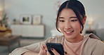Smartphone, typing and woman student surprise in home living room for education results, online chat announcement, or online web video. Asian teenager girl using phone or cellphone for social media
