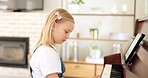 Piano, girl and music class, learning and development, creative student and focus, practice and play in the home. Young child, learn and concentrate, artistic and musical instrument education.