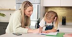 Education, mother and learning child writing or drawing for kindergarten school homework or project in a house. Support, development and mama helping or working with a smart and creative girl student