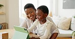 Black family, mom and child on tablet video call with happy hello wave and excited smile in home. Connection, love and happiness on online app for remote communication with family in Nigeria.

