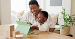 Tablet, black mother and girl on video call, being happy and wave with smile in living room at home. Mama, child and daughter with digital device for connect, smile and bonding to blow kiss in lounge