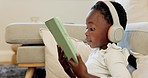 Language learning, headphones and black child with tablet for online education translation website or video call. Relax kid with digital technology listening and speaking for online learning games