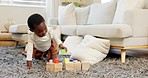 Kids, building blocks and creative learning in family home, living room floor and ground for growth, development and fun. Happy children, educational brick toys and toddler creativity in house lounge