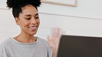 Happy, shocked and digital good news on a computer with a black woman at home with technology. Happiness, surprised and shock face of a person from New York looking at web, internet and online email