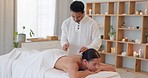 Acupuncture, physiotherapy and woman at a spa to relax, back healing and physical therapy at an Asian luxury clinic. Wellness, anatomy and Japanese man helping and putting needles on persons body