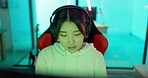 Woman, computer and gaming headphones in neon bedroom, house or Japanese home for internet esports. Smile, happy and technology for pc gamer playing cyber video game event or virtual web competition