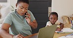 Black woman work from home, laptop and child with color book, technology and smartphone, phone call and communication. Working mother, contact with client and notebook, girl and crayon for art.