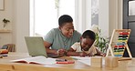 Home, learning and teaching of mother with child color drawing in work book for education, support and creative development. African black family mom helping kid writing on paper for kindergarten