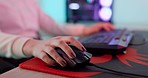 Keyboard, mouse and gamer hands for video game on pc desk, futuristic workspace and cyber geek. Technology, gaming user, online streamer woman click and typing for esports video game with neon lights