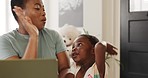 Work from home, high five and mother with african child for productivity, support and education achievement with laptop, drawing book and learning. Black family mom and goal sign for teaching success