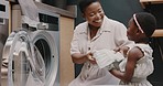 Laundry, mother and child helping with folding of clothes together in a house. Happy, excited and young girl giving help to her mom while cleaning clothing from a washing machine in their home