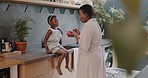 Mother, child and breakfast with mom feeding girl food for nutrition, growth health and wellness in home kitchen. Black woman with girl at family house for quality time, love and eating healthy