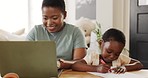 Mother typing on laptop with kid in living room and kiss child care support in working from home online. African girl drawing at table, black mom writing business email and elearning technology