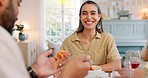 Lunch, happy and couple eating pasta together at a dining room table in their house. Happy, relax and calm man feeding a comic woman food during a dinner date in their home for love and peace