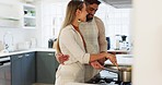 Couple, cooking and together in kitchen and learning for relationship growth and bonding, skill development and support. Young man, woman and cook Italian food, help and advice, spending quality time