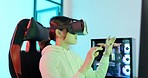 Metaverse, virtual reality headset or computer gamer in neon bedroom, house or home for interactive 3D cyber world game. Woman, pc and vr esports gaming in abstract ai and futuristic touch video game