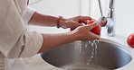 Hands, tomato and washing with a woman cook cleaning vegetables in the basin of her kitchen at home. Water, food and cooking with a female chef rinsing produce in a sink for health or diet