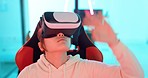 Girl, futuristic headset and VR with ai, digital and game with her hands. Young female cyber gamer with future virtual reality, holographic and interactive 3D tech game or experience the metaverse