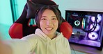 Japan, selfie or gamer woman with thumbs up for live streaming, communication or gaming in neon workspace. Social media portrait, profile influencer update or asian streamer with smartphone tech