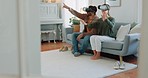 VR gamer couple, metaverse or futuristic tech on sofa in living room for cyber game, 3D gaming or future ai media. Virtual reality, video game or esports for technology, digital fun or online fantasy