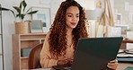 Business woman, laptop and remote work student busy typing, planning or strategy for startup company for smile, document or happy at desk. Female student, girl or digital device for essay or research