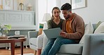 Laptop, living room and couple search website information for home investment, loan or real estate property discussion on sofa. Young people on couch with pc internet, planning future together