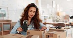Delivery boxes, black woman shipping package or ecommerce sale with supply chain, logistics or courier product in retail shop. Woman, retail sales worker or design store manager for commercial export