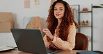 Business leadership, laptop or black woman for success or portrait of happy business woman sitting at desk. Corporate, HR employee or administration girl for research, schedule or calendar with smile